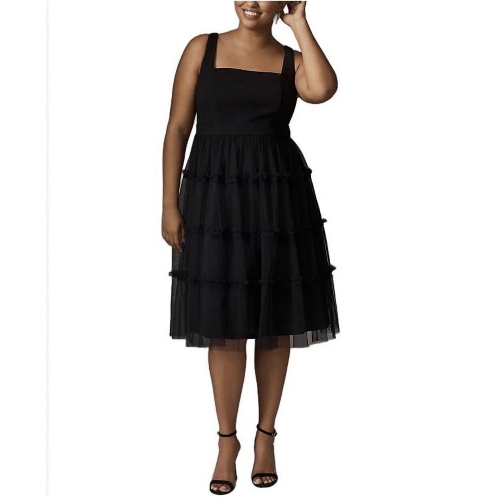 Adrianna Papell Black Cocktail Dress Ruffled Tulle Midi Fit and Flare Size 2X